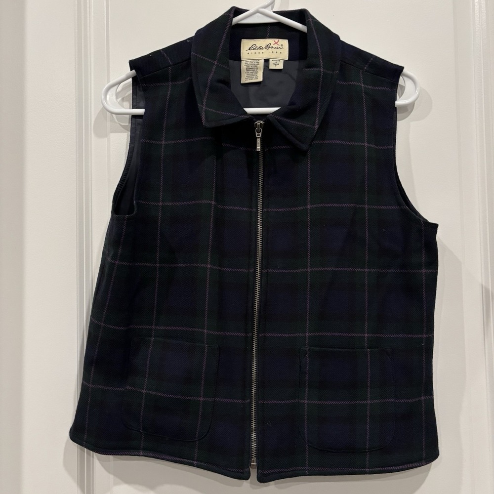 Eddie Bauer Lined Vest 100% Wool Womens Small Green Blue Purple Plaid Zip Up‎
